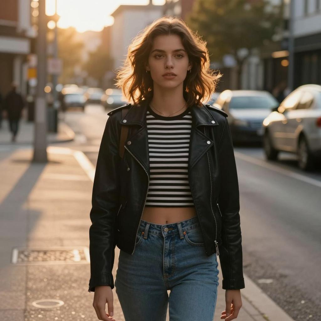 Young Woman in Black Leather Jacket and Striped Crop Top Walking in City