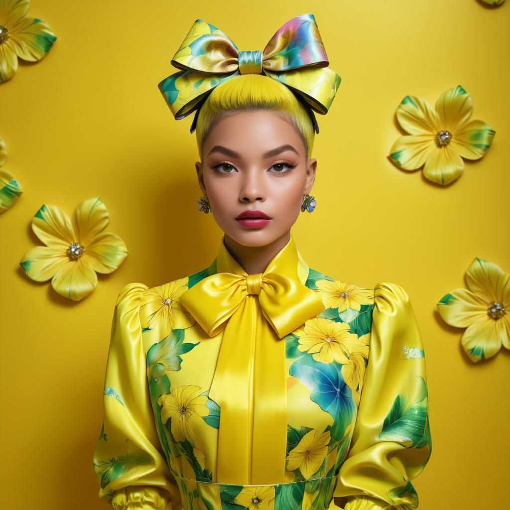 Woman in Yellow Floral Outfit with Bow