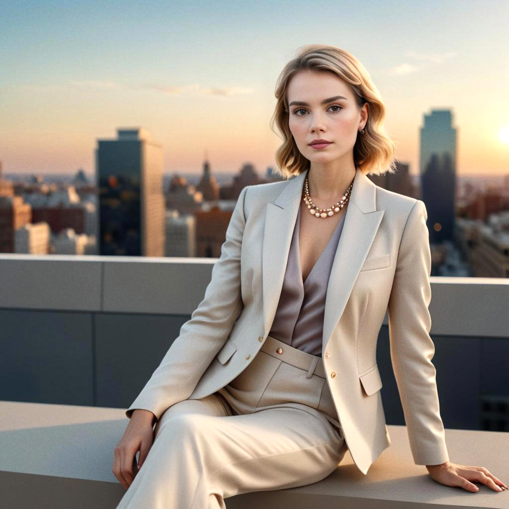 Confident Woman in Beige Suit on Rooftop at Sunset