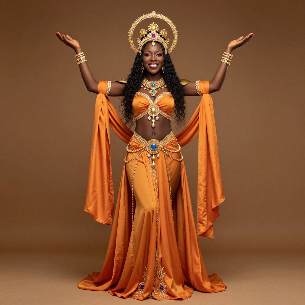 Regal Woman in Ornate Orange Costume with Gold Jewels and Headdress