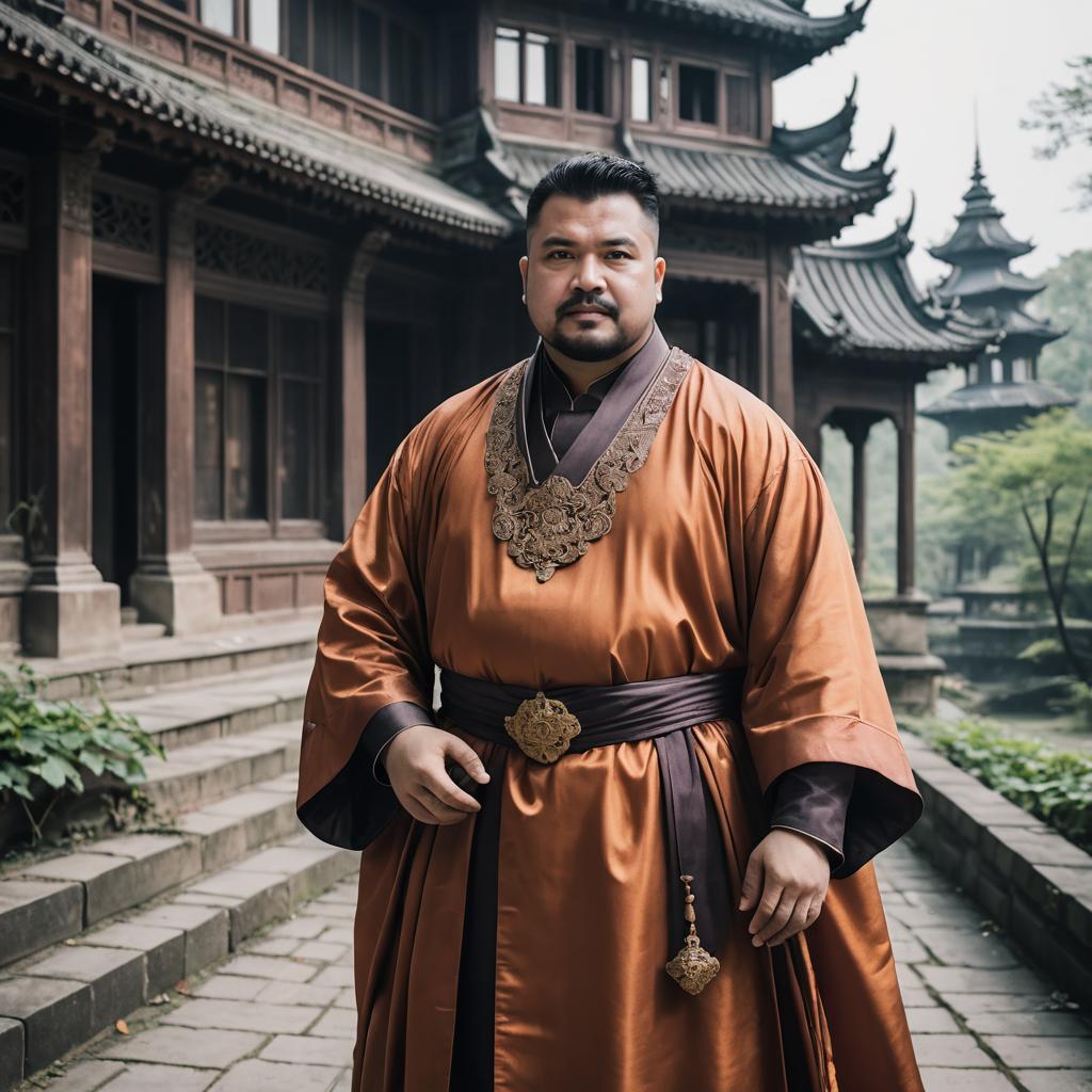 Man in Traditional Asian Robes at Historic Temple