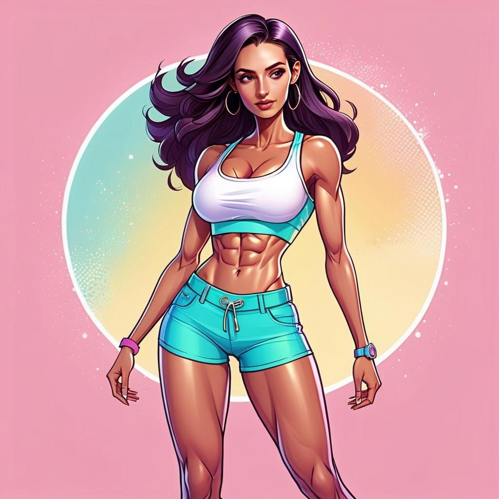 Fit Woman with Purple Hair in Pastel Background
