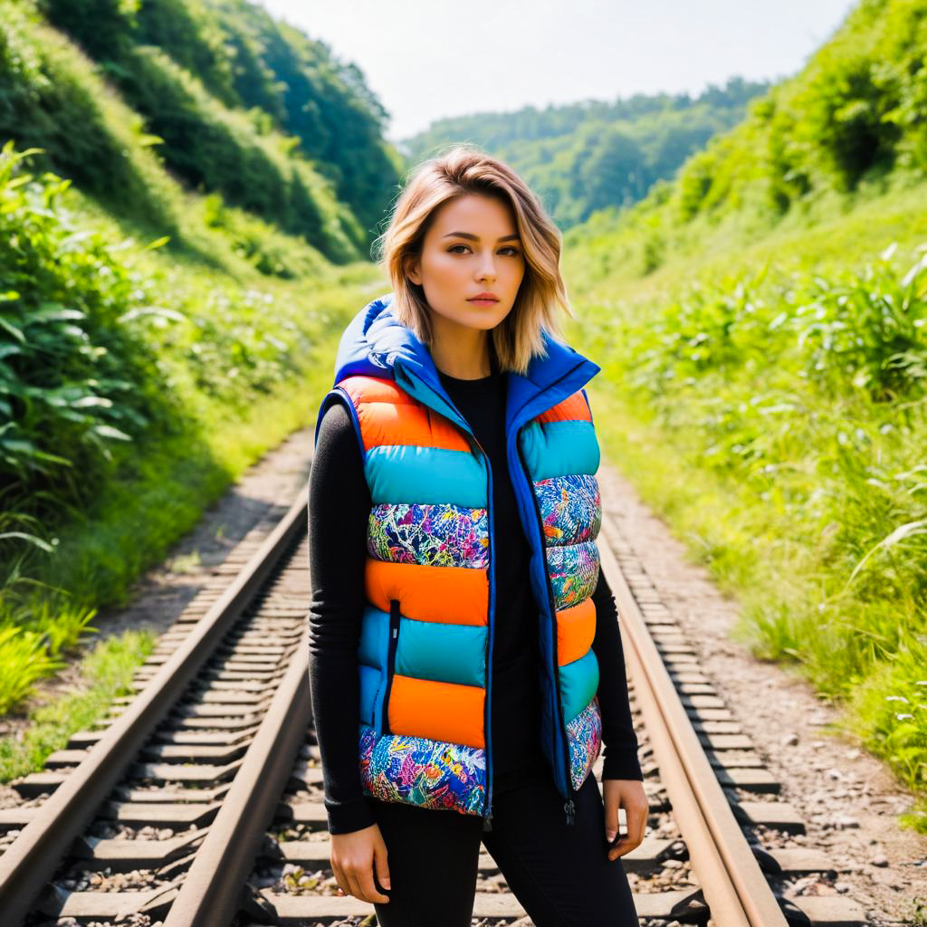 Stylish Woman on Railway Tracks in Vibrant Puffer Vest