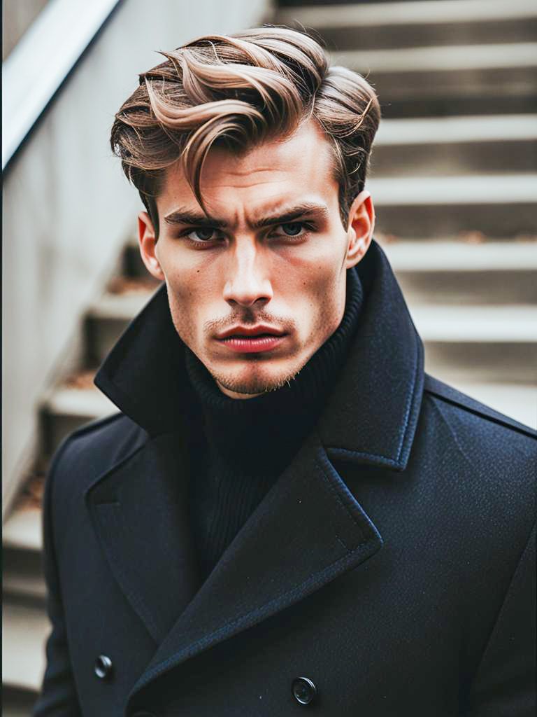 Stylish Young Man in Black Coat and Turtleneck