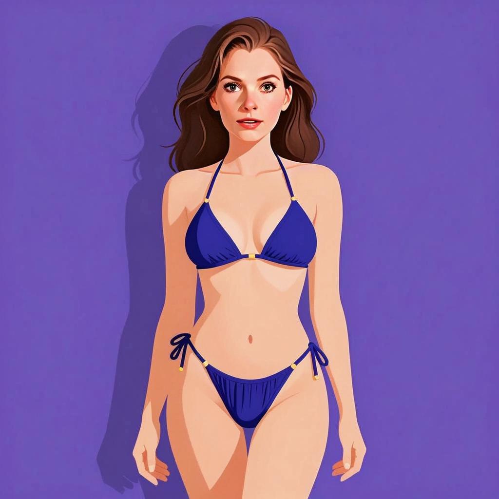 Woman With Pretty Face and Long Hair in Classic Triangle Bikini Illustration
