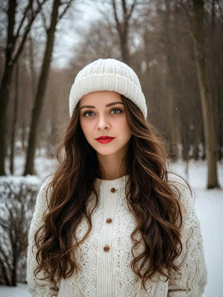 Young Woman in Cozy Sweater in Snowy Landscape