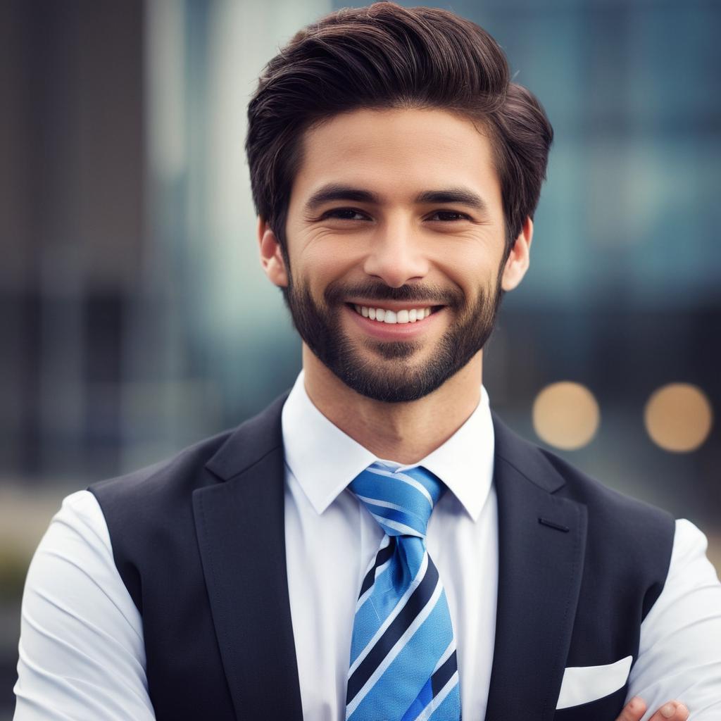 Confident Young Man in Business Suit with Blue Striped Tie Outdoor Portrait