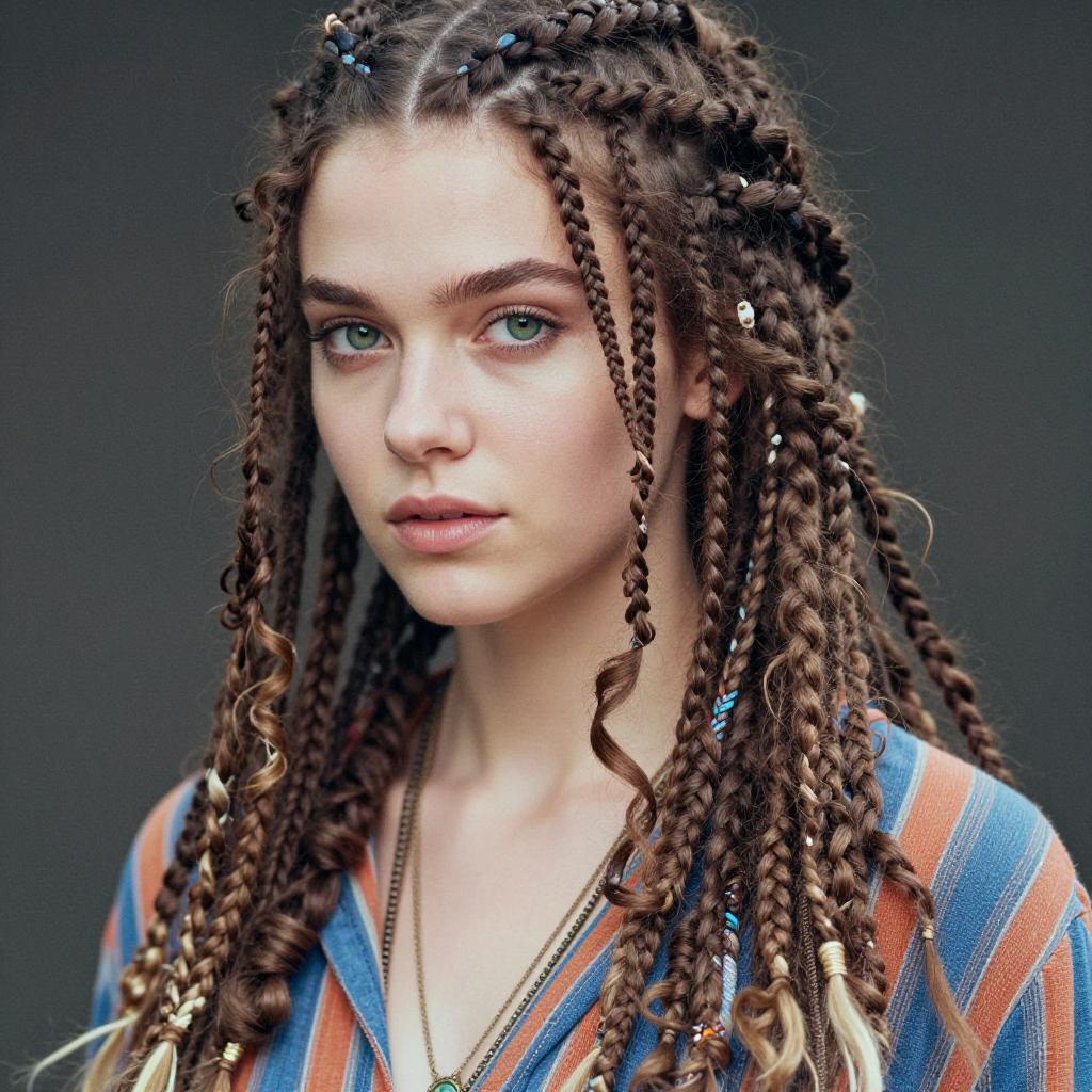 Young Woman with Intricately Braided Hair and Bohemian Style