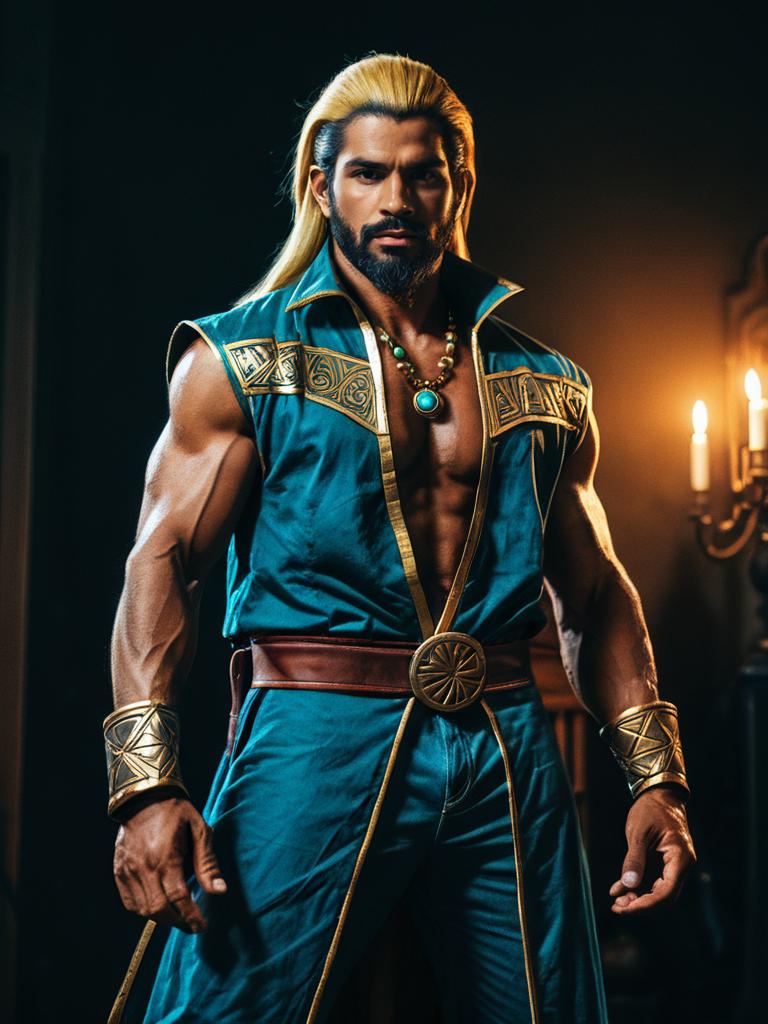 Realistic Adon Cosplay of Muscular Man in Blue and Gold Costume