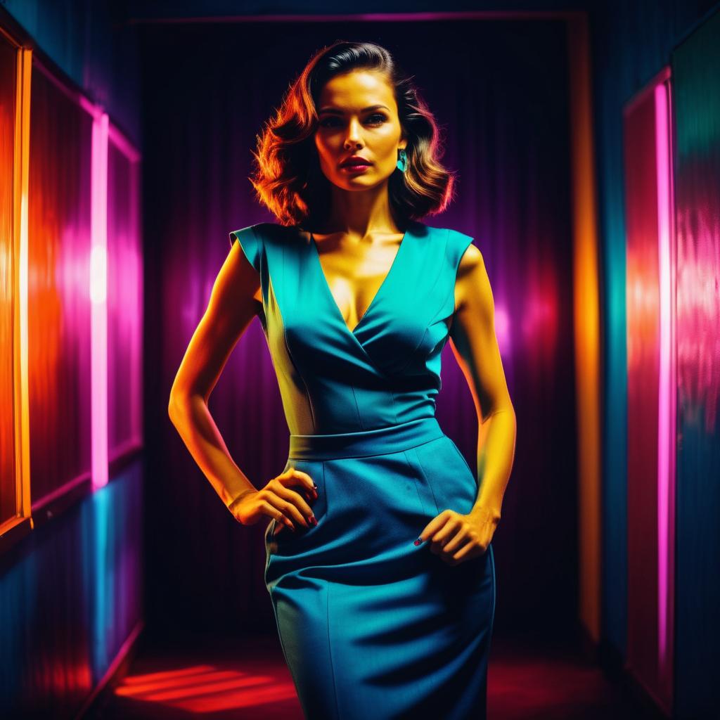 Confident Woman in Neon-Lit Hallway