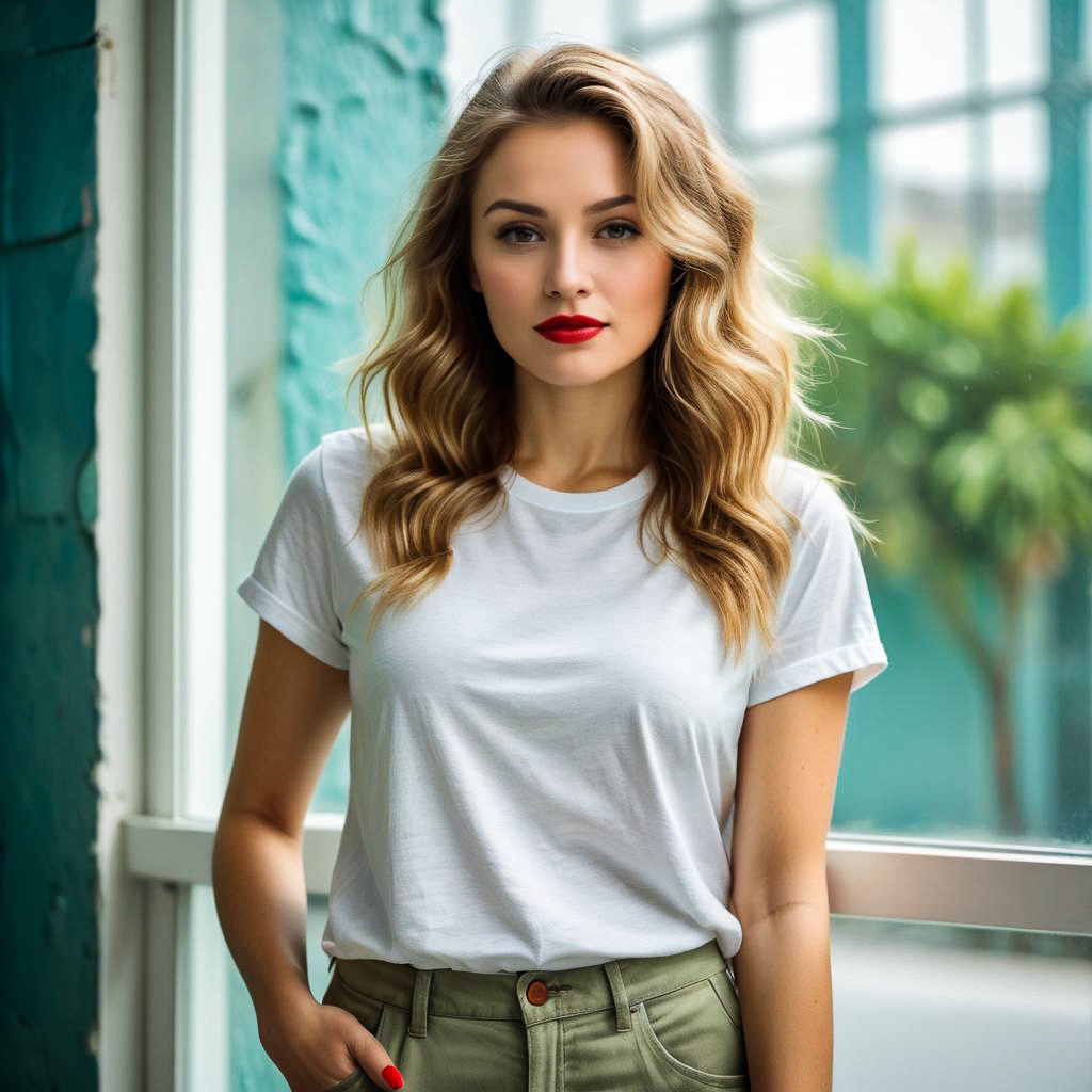 Stylish Woman in White T-Shirt and Olive Pants by Window Stylish Woman in White T-Shirt and Olive Pants by Window