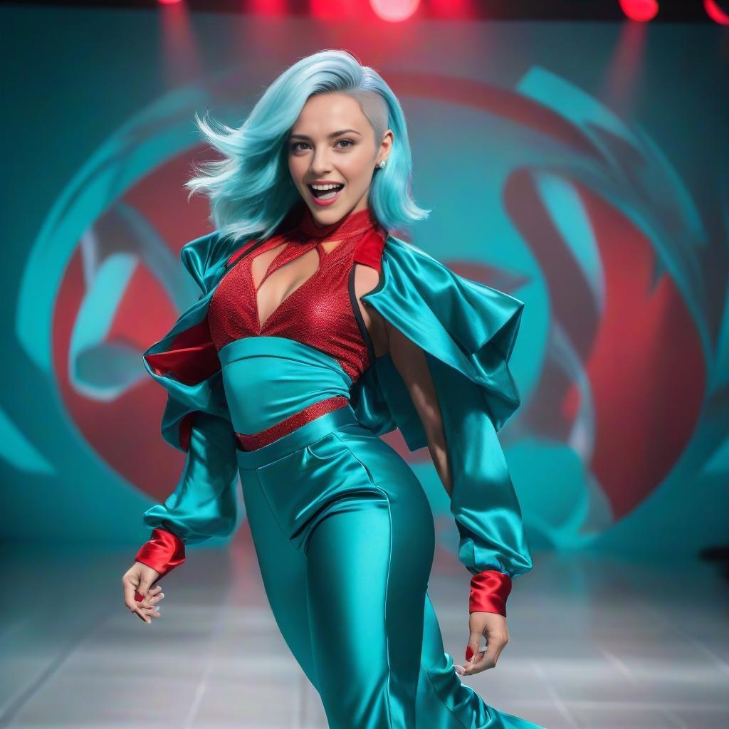 Confident Woman with Blue Hair in Teal and Red Runway Outfit Confident Woman with Blue Hair in Teal and Red Runway Outfit