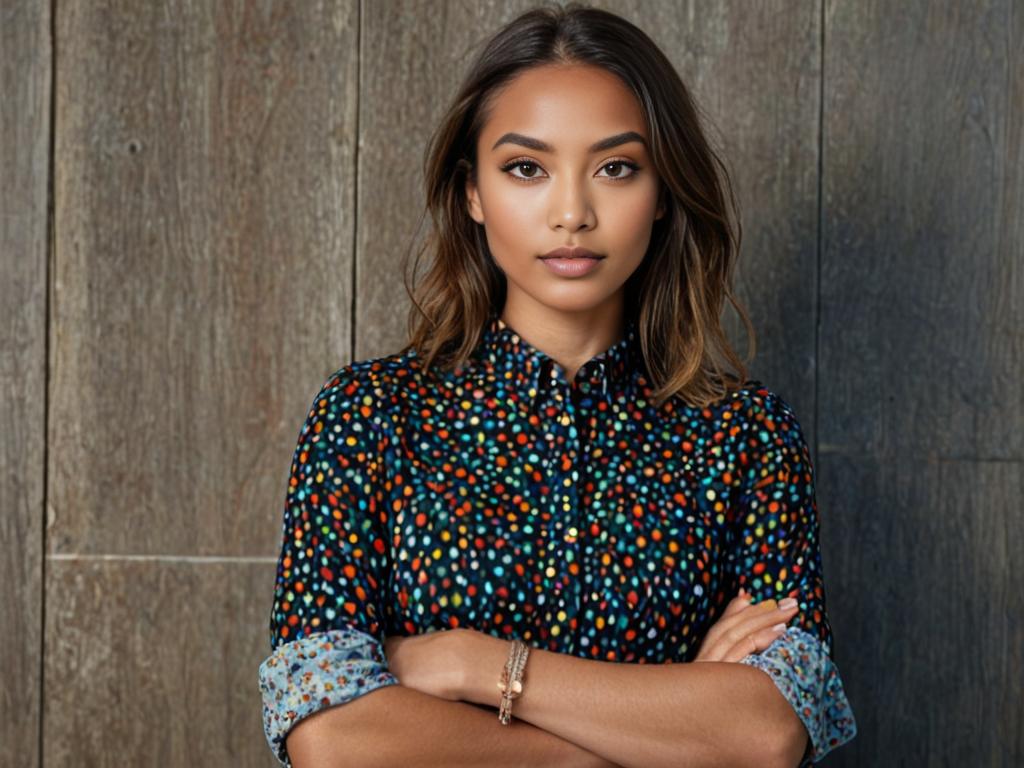 Confident woman in polka dot shirt