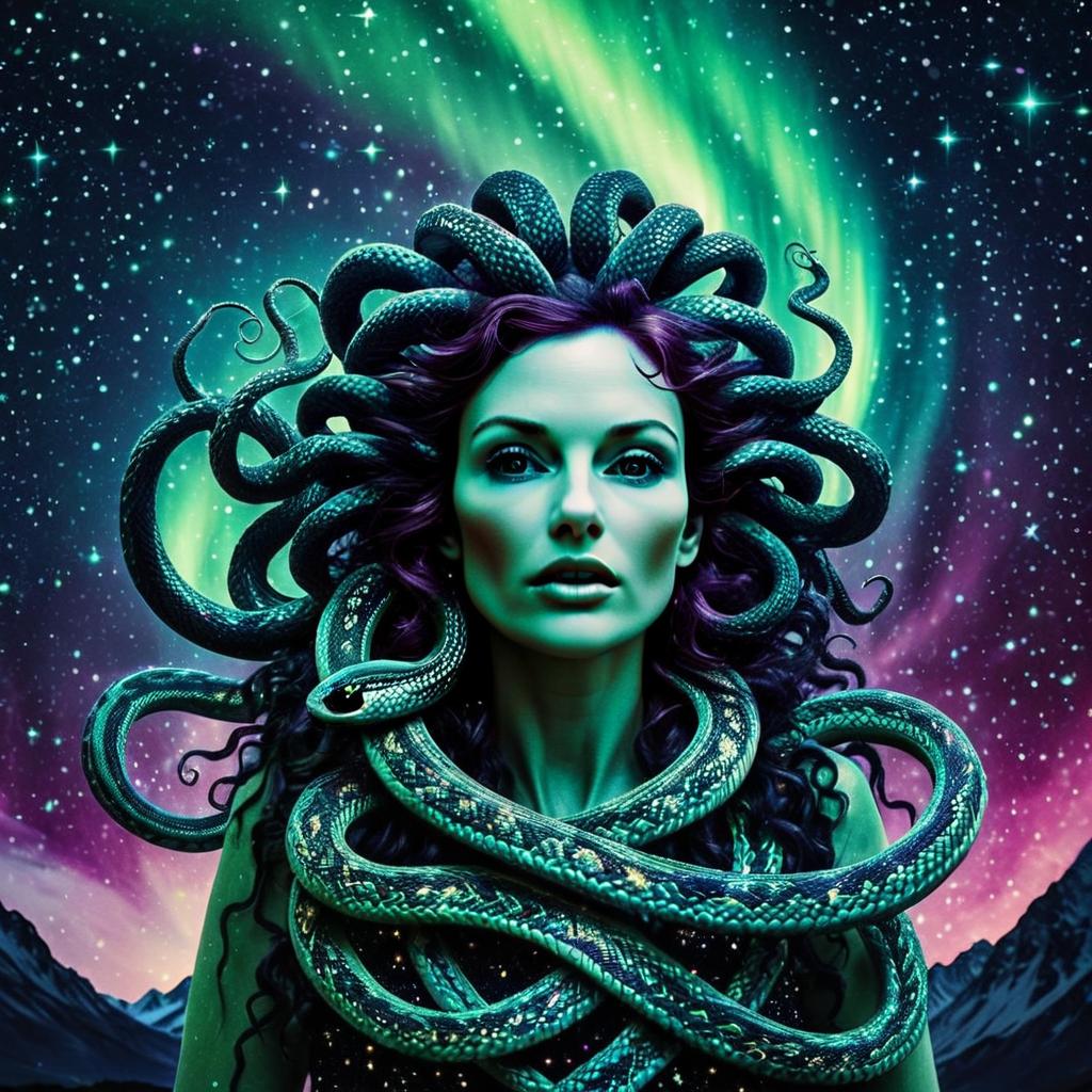 Medusa Inspired Woman with Snakes Under Aurora Night Sky Digital Art