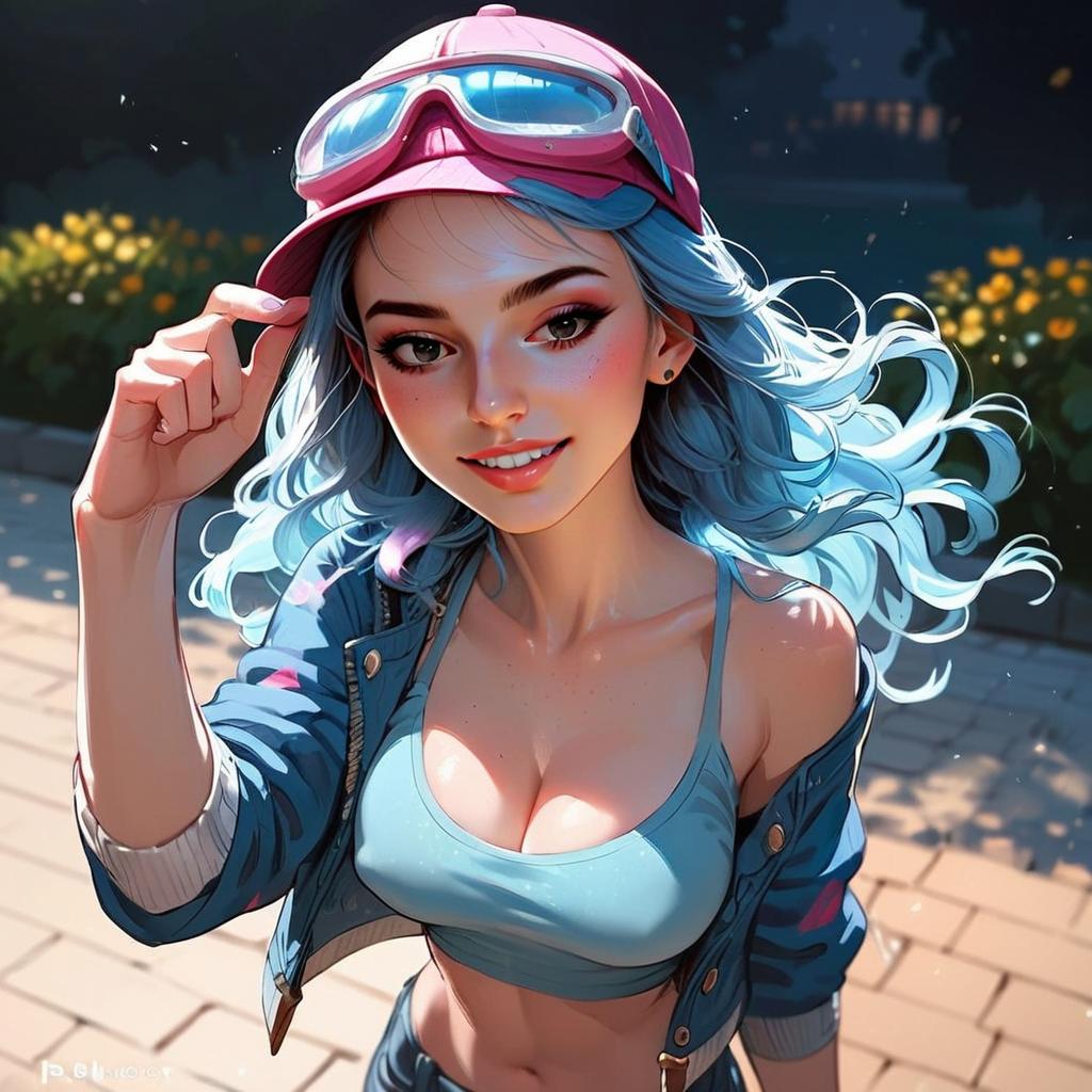 Young Woman with Blue Hair in Pink Cap and Goggles Young Woman with Blue Hair in Pink Cap and Goggles