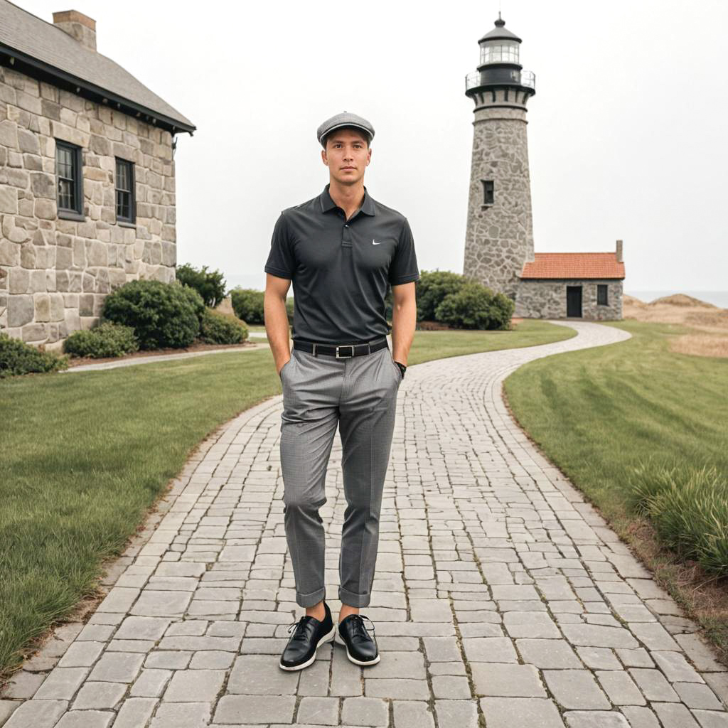 Stylish Man at Vintage Lighthouse Pathway