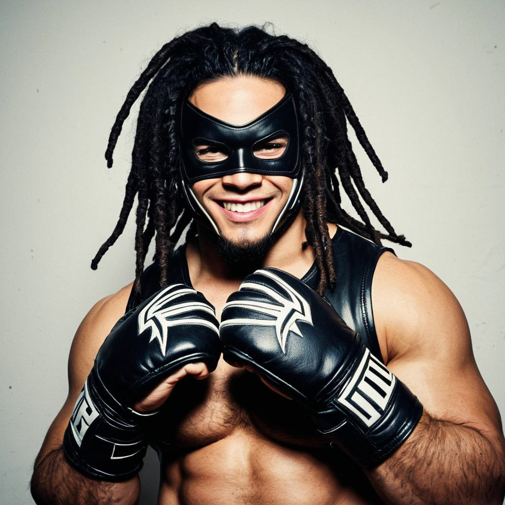 Muscular Man in Leather Mask with Dreadlocks