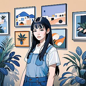 Young Woman in Overalls with Art Background