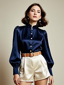 Elegant Woman in Navy Satin Blouse and Ivory Shorts Fashion Portrait