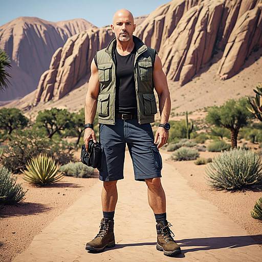 Fit Man Hiking in Desert Landscape with Rocky Mountains