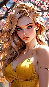 Young Woman in Yellow Dress Among Cherry Blossoms