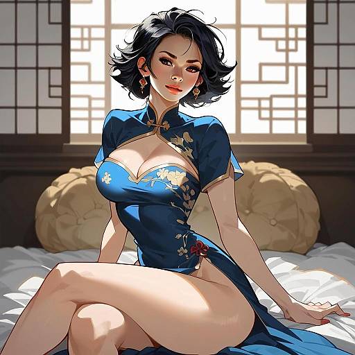 Elegant Woman in Blue Cheongsam Digital Anime Art Illustration