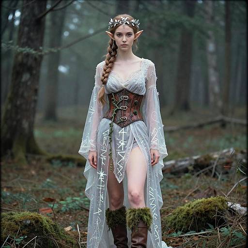 Elf Woman in Mystical Forest Wearing Fantasy Costume with Runes