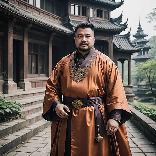 Man in Traditional Asian Robes at Historic Temple