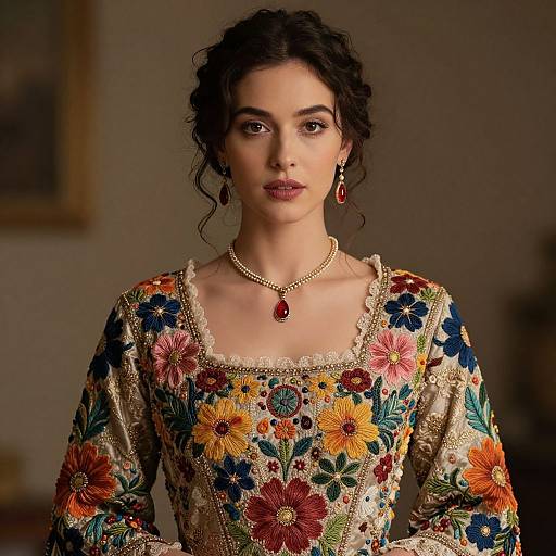 Portrait of Woman in Vintage Floral Embroidered Dress with Red Gemstone Jewelry