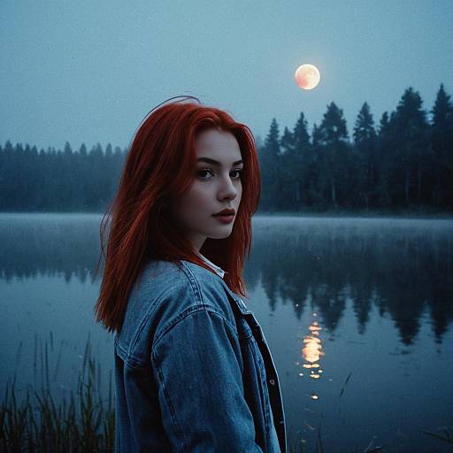 Red-Haired Woman by Misty Lake Under Full Moon at Dusk