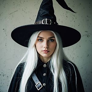Close-up of Woman in Black Witch Costume