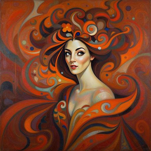Art Nouveau Style Portrait of Woman with Flowing Red Hair and Abstract Swirls