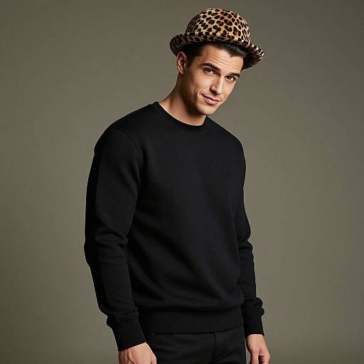 Young Man in Black Sweatshirt with Leopard Print Hat Fashion Portrait