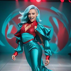 Confident Woman with Blue Hair in Teal and Red Runway Outfit