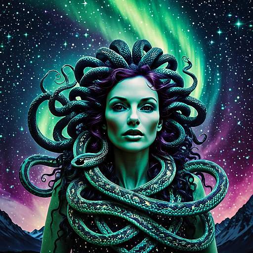 Medusa Inspired Woman with Snakes Under Aurora Night Sky Digital Art