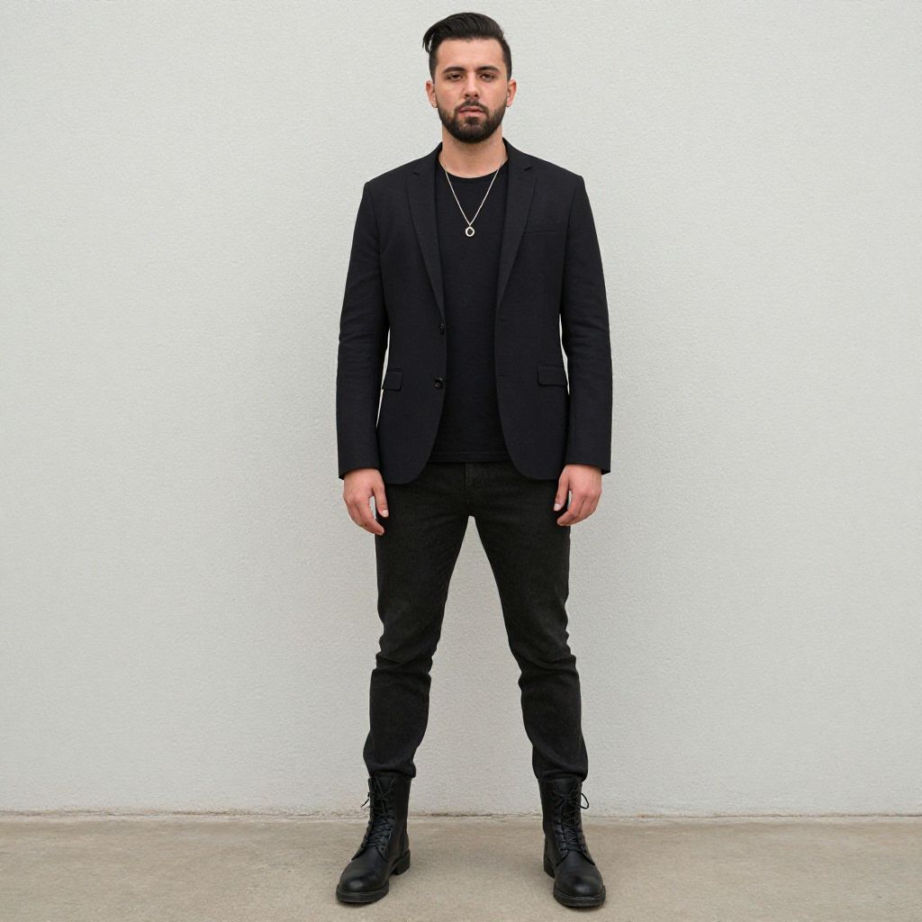 Confident Man in Black Blazer and Boots Standing Against Gray Wall