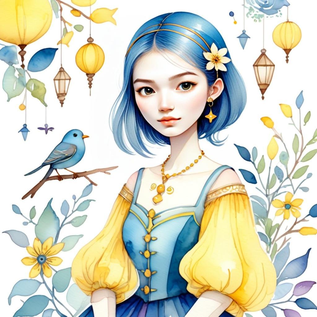 Whimsical Young Woman with Blue Hair and Floral Elements
