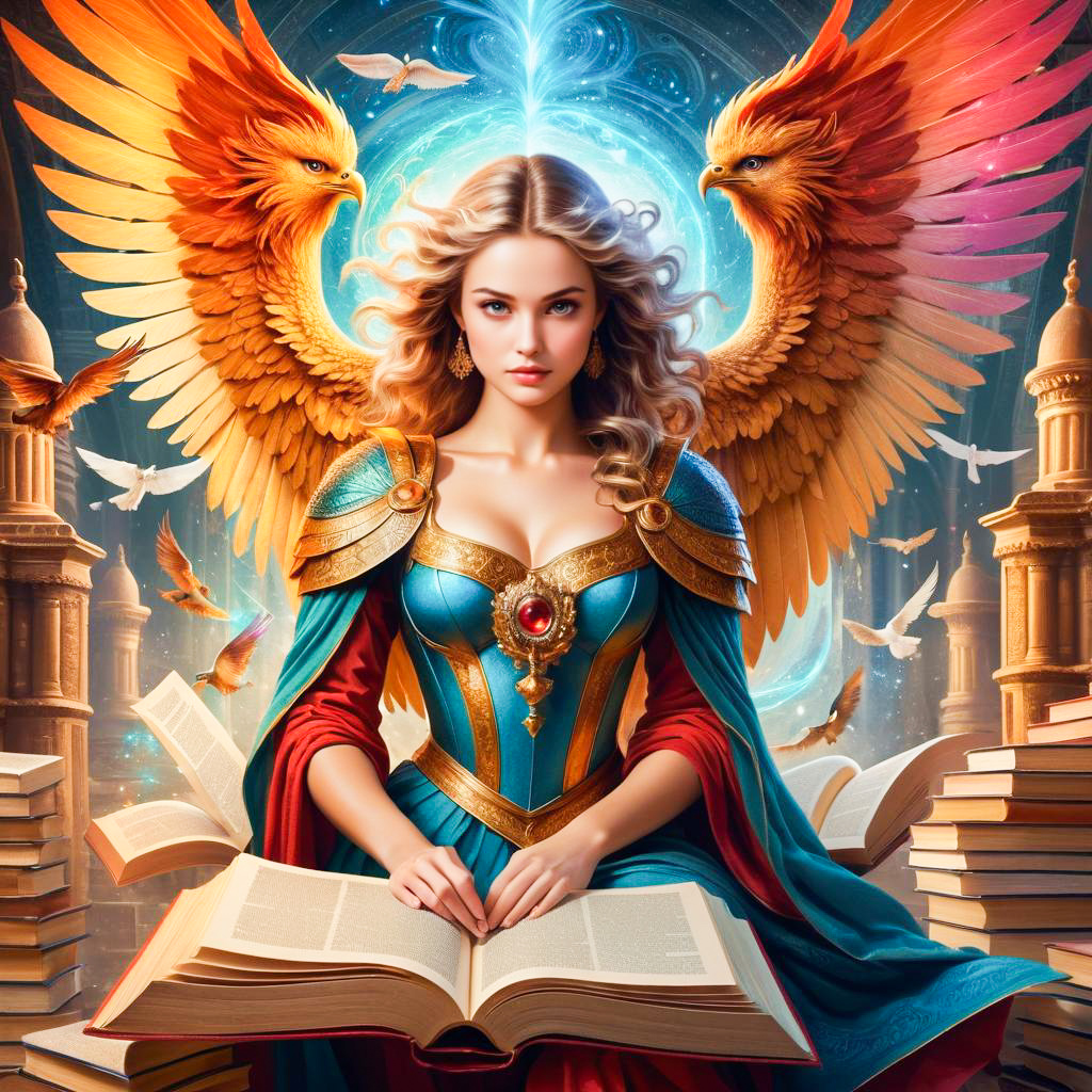 Fantasy Woman in Royal Attire Among Books with Phoenixes