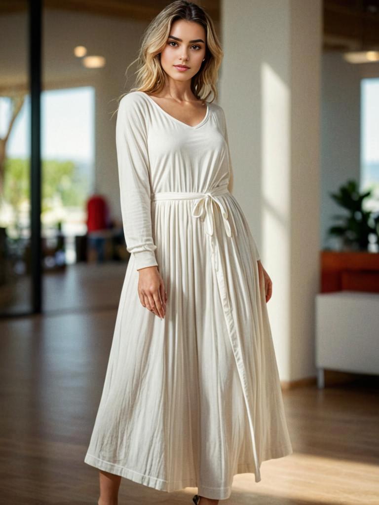 Stylish woman in white dress, serene lifestyle