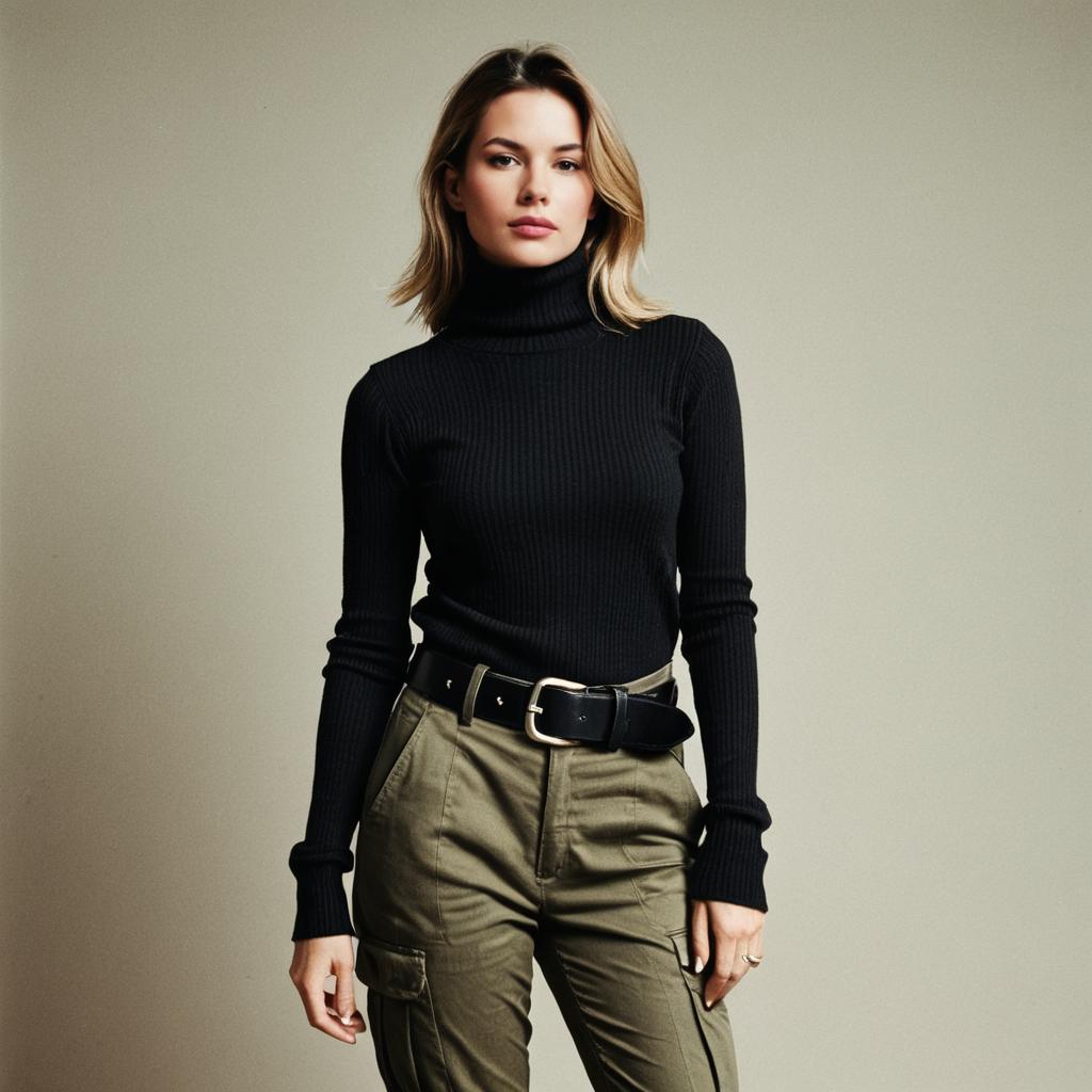 Woman in Black Turtleneck and Olive Cargo Pants Casual Fashion Portrait