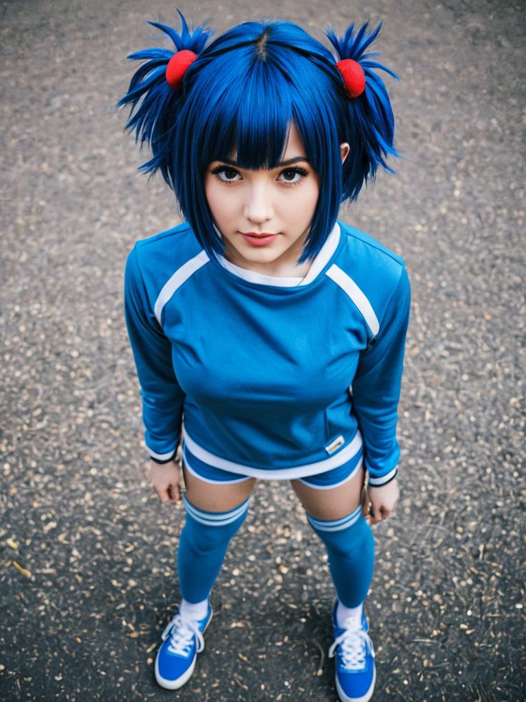 Young Woman in Blue Sporty Outfit with Blue Hair Pigtails