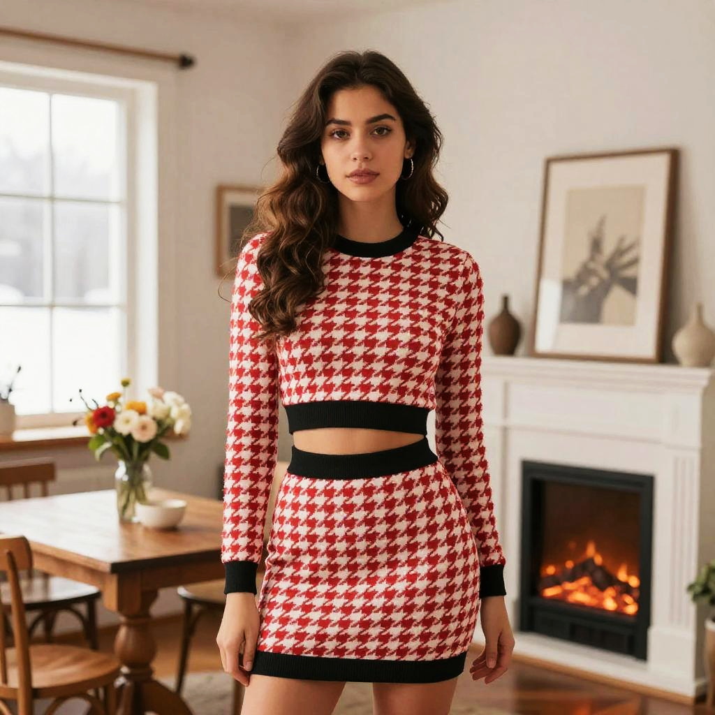 Trendy Red White Houndstooth Two-Piece Outfit Model In Cozy Indoor Setting