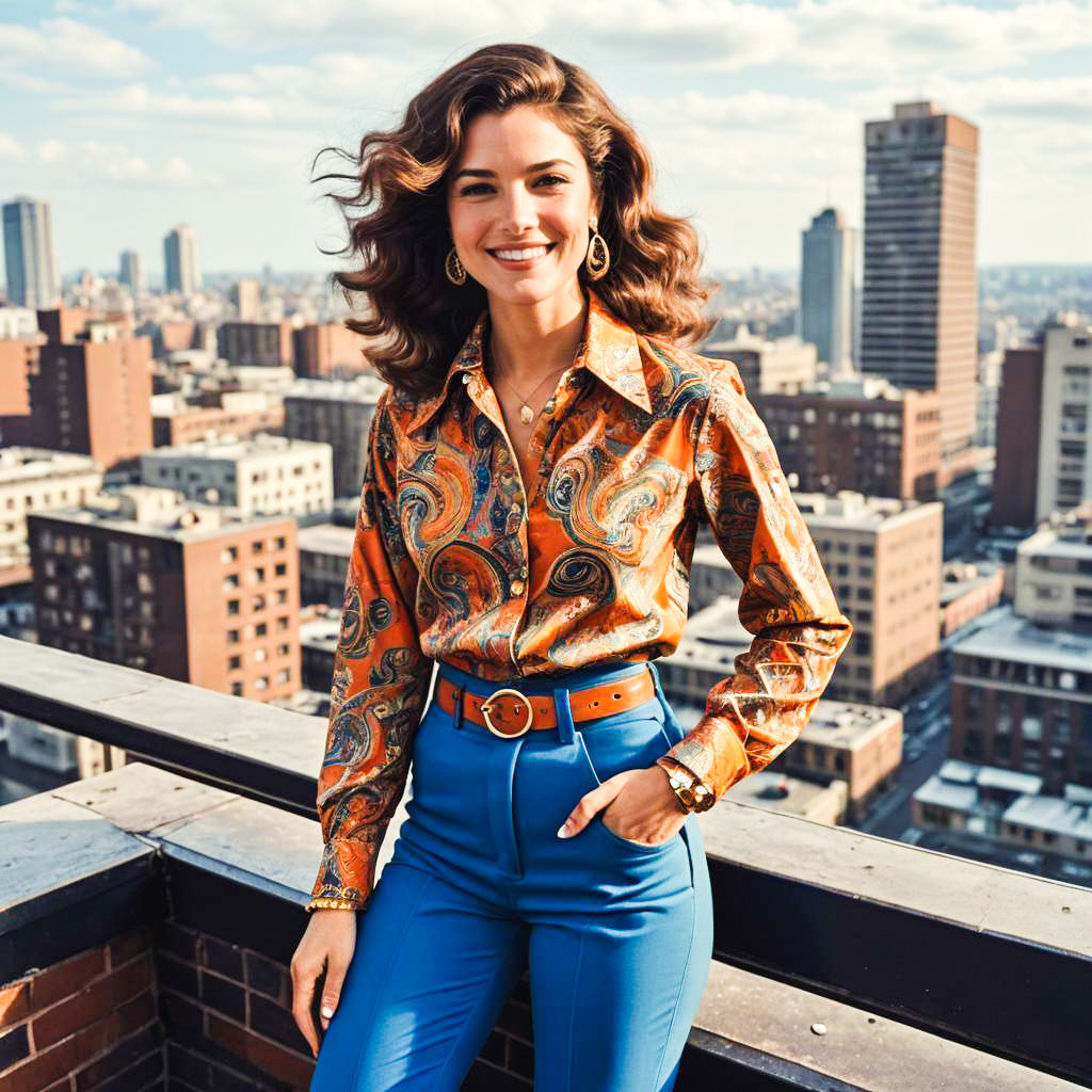 Stylish Woman in Paisley Shirt & High-Waisted Trousers