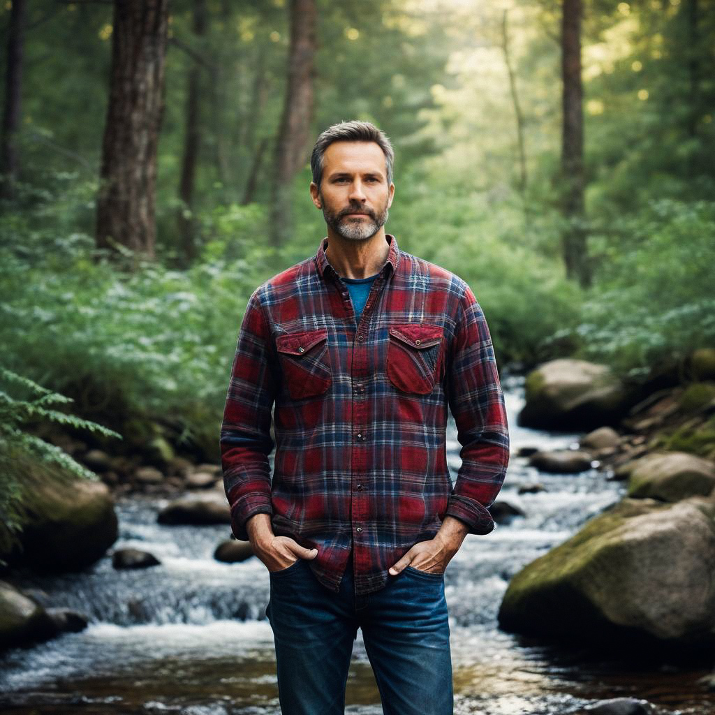 Confident Man in Forest with Stream Confident Man in Forest with Stream
