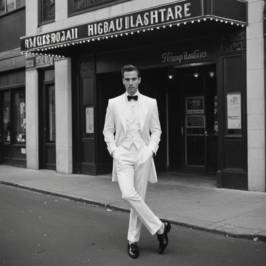 Elegant Man in White Tuxedo Against Vintage City Backdrop