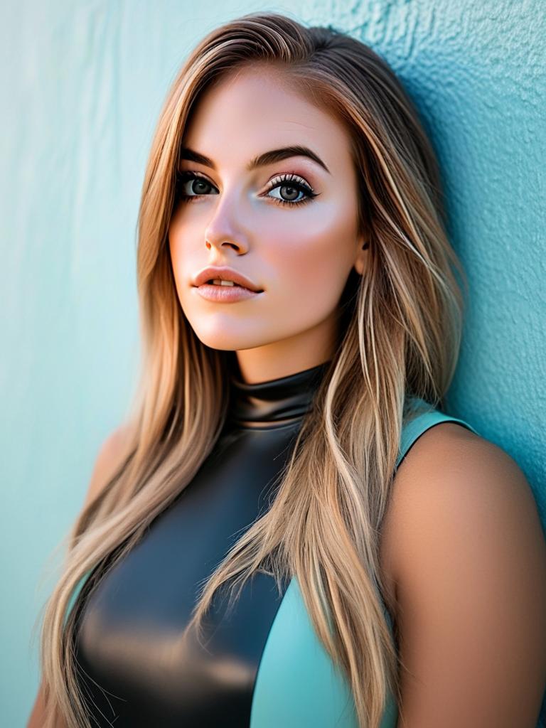 Young Woman in Sleek Top Against Teal Wall Young Woman in Sleek Top Against Teal Wall