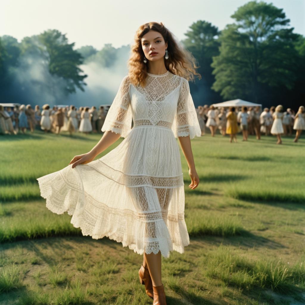 Graceful Woman in White Lace Dress in Green Field