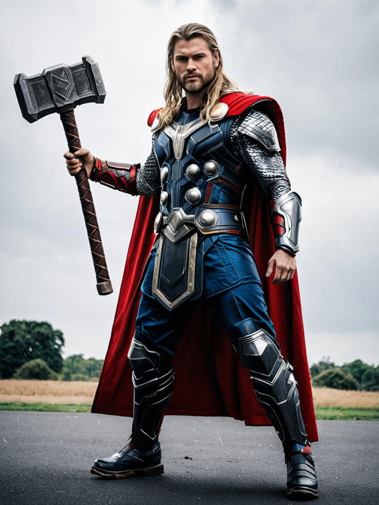 Man in Thor Love and Thunder Costume Full Body Cosplay Photo with Hammer