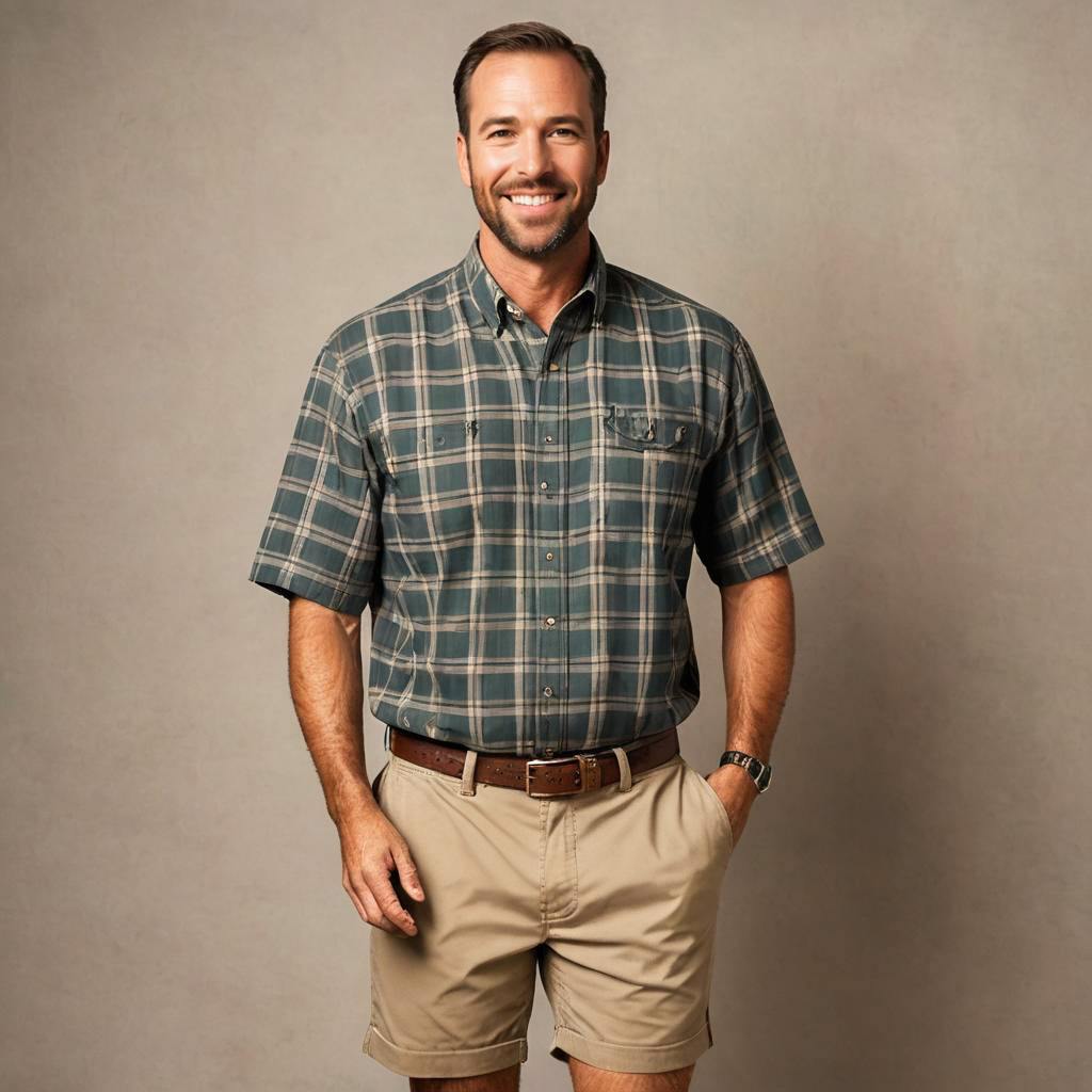 Man in plaid shirt and khaki shorts, casual summer style