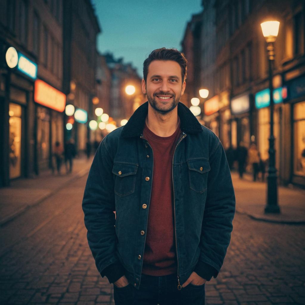 Smiling Man in Casual Attire on Dimly Lit Street